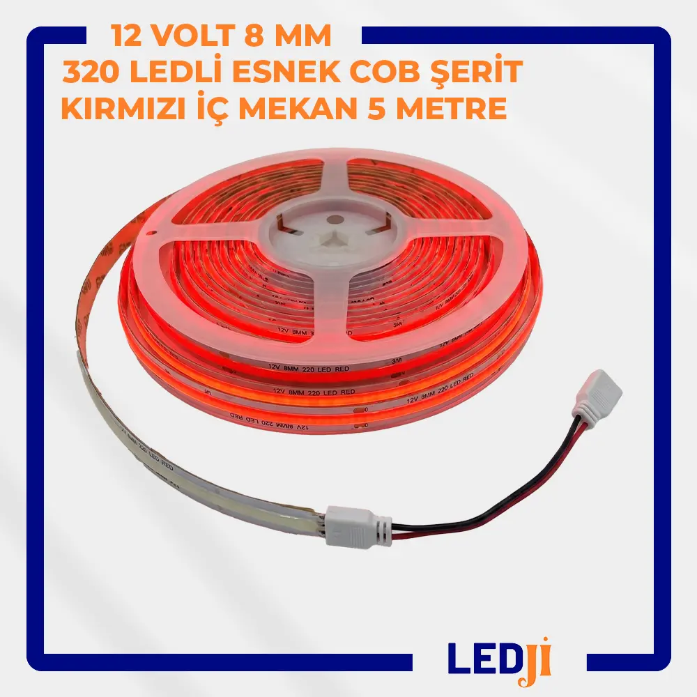 12 Volt 8 mm 320 Ledli Esnek COB Şerit LED Kırmızı 5 Metre