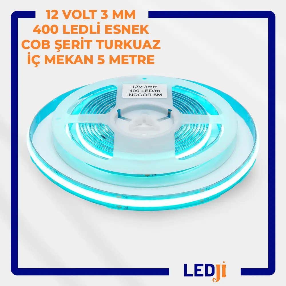 12 Volt 3 mm 400 LED'li Esnek COB Şerit LED Turkuaz 5 Metre