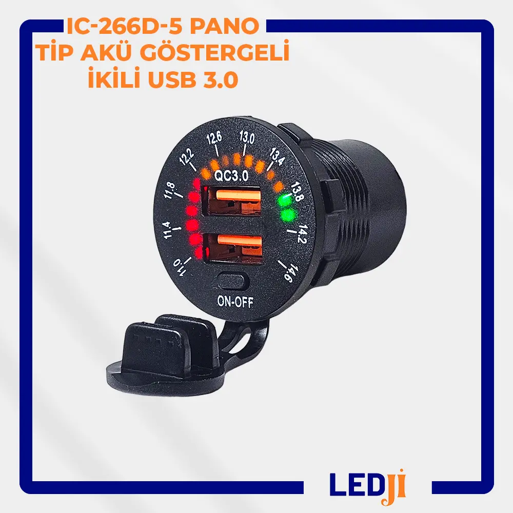 IC-266D-5 Pano Tip Akü Göstergeli İkili USB 3.0 Şarj Soketi Ön Görünüm