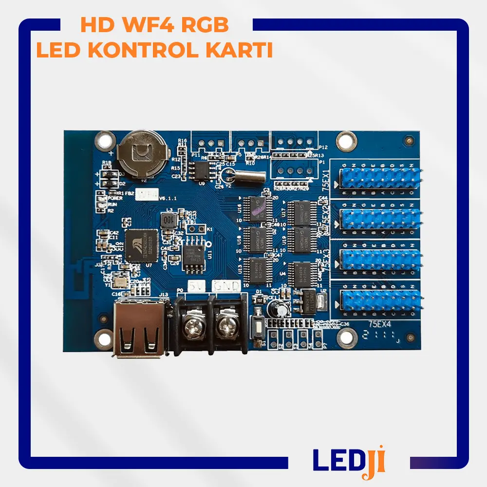 HD WF4 RGB LED Kontrol Kartı ön yüzü ve port detayları