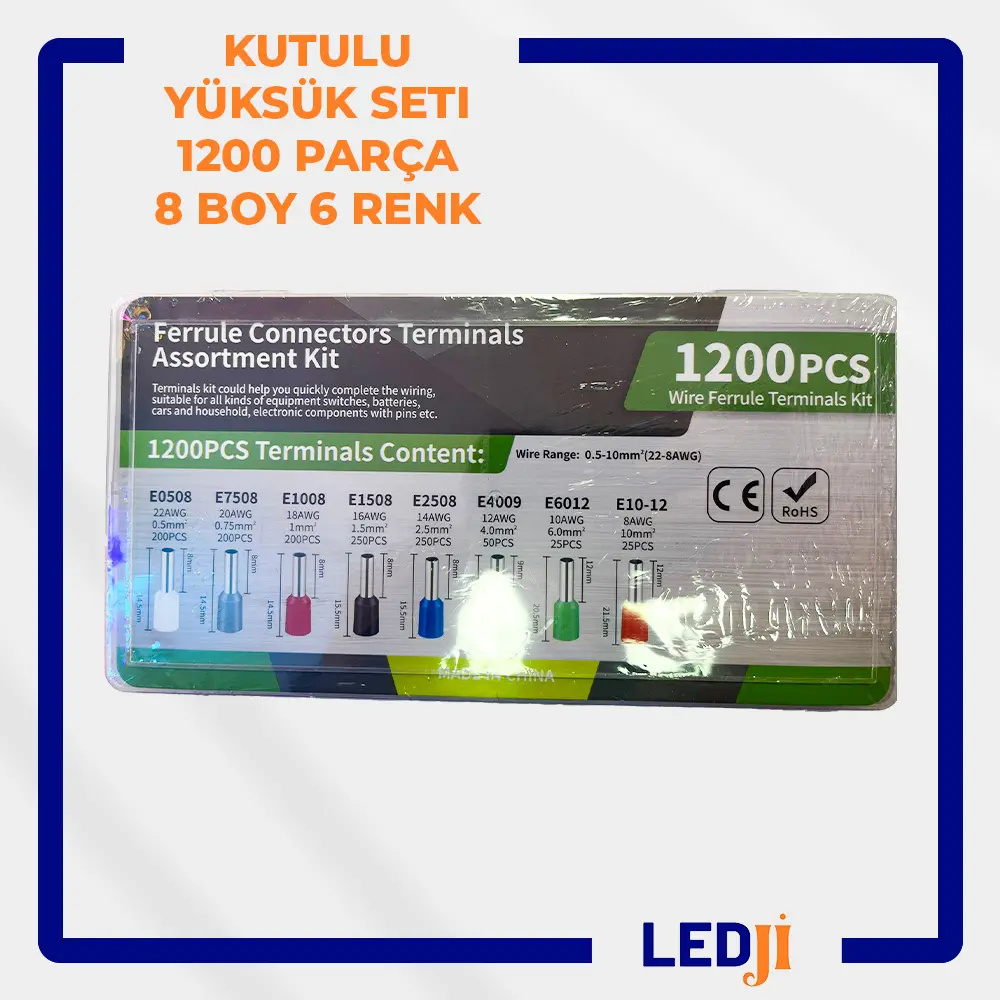 Kutulu 1200 parça 8 boy 6 renk izoleli kablo yüksük seti genel görünüm