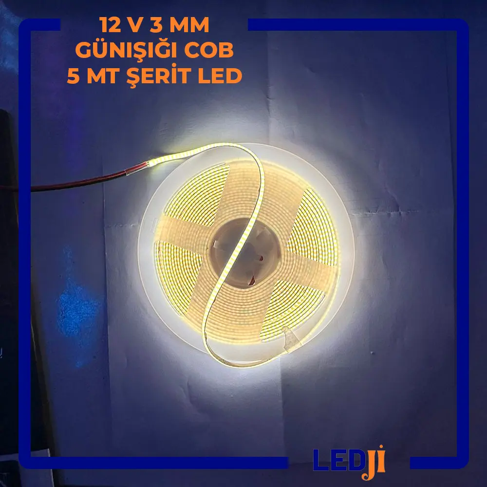 12V 3mm günışığı COB şerit LED 5 metre yüksek parlaklık LEDJİ