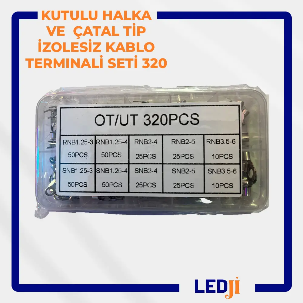 Kutulu 320 parça halka ve çatal tip izolesiz kablo terminali seti genel görünüm
