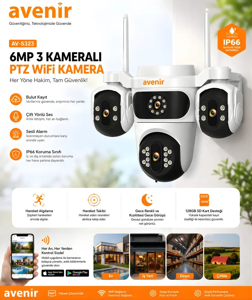 AVENİR AV-S323 hareket takipli IP66 WiFi güvenlik kamerası renkli gece görüş özelliği
